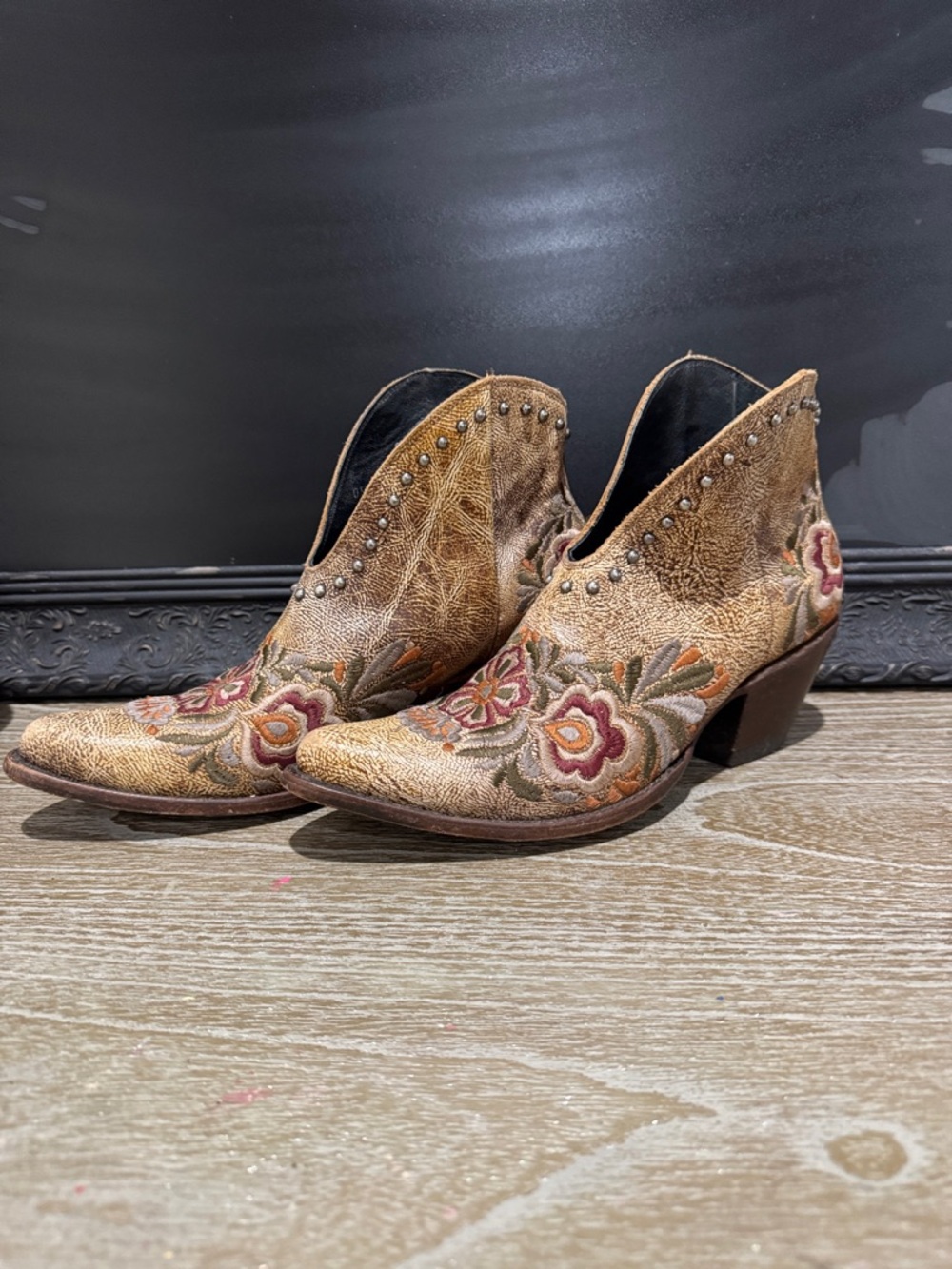 Old Gringo Embroidered Floral Ankle Booties - Tan with Pink & Green Accents